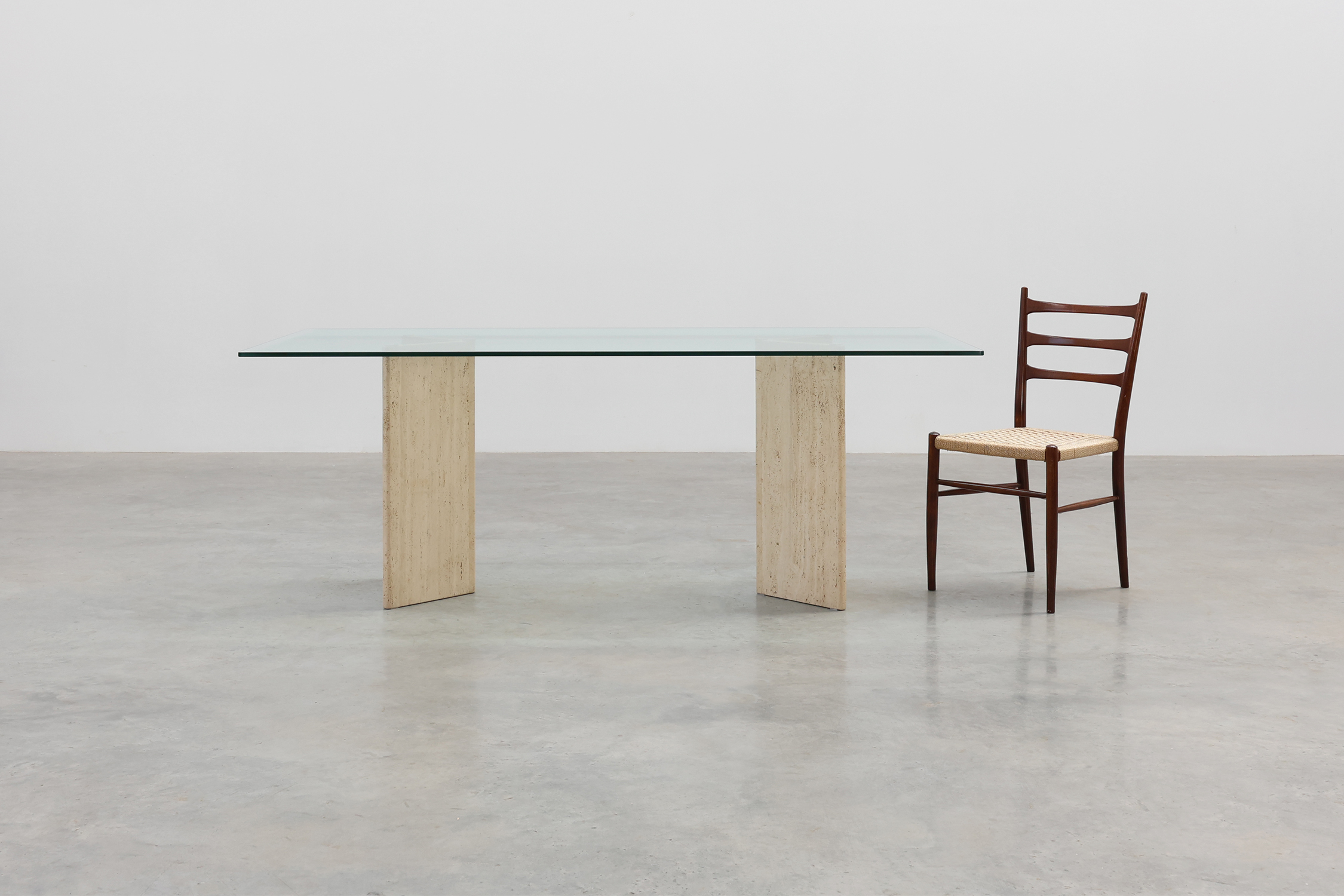 Mid‑Century Italian Dining Table with Glass Top and Travertine Base, 1970sthumbnail